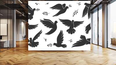 Christmas, peace or wedding dove bird silhouettes, vector pigeon icons. Doves with olive leaf branch, symbol of love, hope and freedom, Easter holy spirit and religion, flying dove silhouettes Wall mural