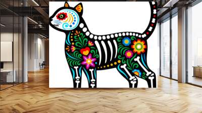 Day of the dead Mexican cat animal skeleton tattoo. Colorful sugar skull figure of feline pet, featuring rich patterns and bones, celebrates memory of departed pets. Vector Dia de Los Muertos kitten Wall mural