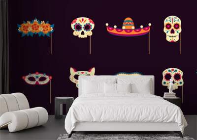 dead day photo booth masks with props. Mexican dia de los muertos holiday vector set of skulls, sombrero, floral wreath and cat head. Spooky smiles and skeletal grins for the afterlife celebration Wall mural