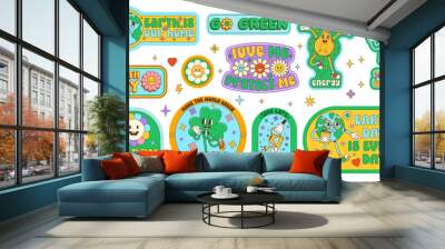 Environment groovy stickers with retro cartoon characters. Patches set with playful earth planet, light bulb, glass bottle, daisy flowers. Eco-friendly save nature decals with nostalgic positive vibes Wall mural