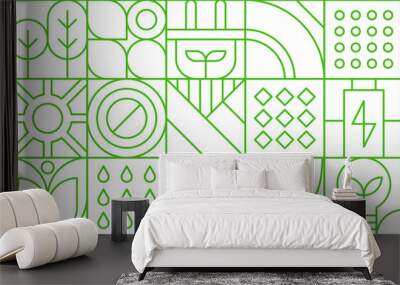 Environment nature abstract modern geometric pattern. Vector green eco-friendly grid ornament with environmental sustainability icons. Plants, trees, water droplets, recycling symbols, leaves, globe Wall mural