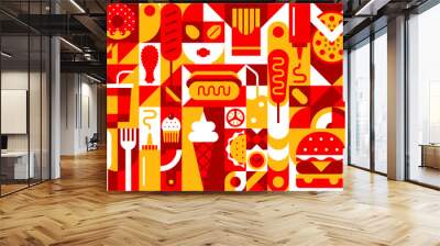 Fast food abstract modern geometric pattern in retro mosaic, vector background. Fast food pizza, burger and ice cream with hot dog sandwich and donut with cupcake and soda drink in geometric pattern Wall mural