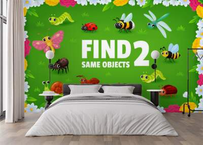 Find two same cartoon insect characters on summer meadow. Vector kids game or puzzle worksheet, match personages of cute ladybug, butterfly, ant and bee, dragonfly, bug, caterpillar, spider and snail Wall mural