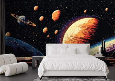 Generative ai galaxy stars and planets in solar system landscape. 8Bit pixel art game scene with starry sky immerse in retro-futuristic ambiance, capturing essence of cosmic adventure and exploration Wall mural