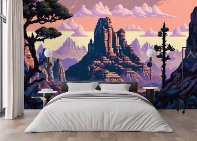 Generative ai western desert mountains landscape. 8Bit pixel art game scene, captures the rugged terrain and vivid colors, showcasing the beauty and simplicity of the Wild west nature in retro style Wall mural