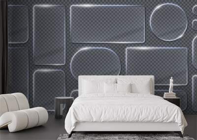 Glass light frames and borders. Realistic 3 vector transparent glass or plastic plaques in shape of rectangle, square, circle and elongated oval. Isolated set of glowing, glossy screens or billboards Wall mural