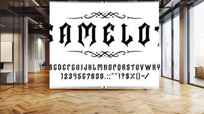 Gothic font, retro medieval type, vintage tattoo typeface, antique English alphabet. Vector latin european letters in style of past centuries. Symbols, numbers and signs for monogram and calligraphy Wall mural