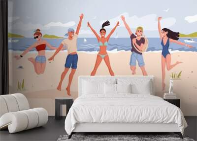 Group of young people jumping on beach, people on summer sea vacations, flat vector. Happy friends at ocean beach on sand jumping with hands up, happy man and woman at seaside or lake beach Wall mural