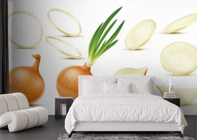 Isolated realistic yellow raw onion, slice and ring, whole and half vegetable 3d vector set. Full and chopped plants, full bulb with long green shoots, segment and circular parts on white background Wall mural