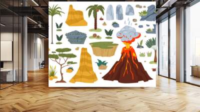 Jungle and jurassic dinosaur era environment game asset. Plants and trees, rock and volcano, stones and palms isolated prehistoric natural cartoon vector objects and graphic surrounding elements set Wall mural