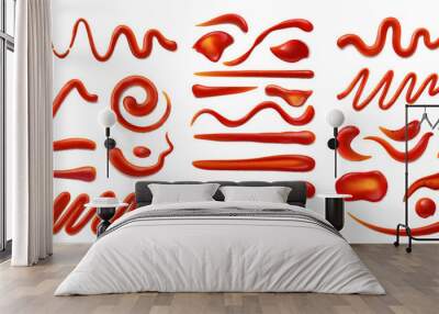 Ketchup sauce stains and splashes. Barbeque cooking, hot chili pepper or BBQ tomato ketchup sauce or spicy gravy paste realistic vector smear, isolated smudge, red condiment texture strokes set Wall mural