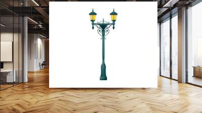 Lamppost on two lamps isolated vintage light pillar. Vector retro streetlamp lamppost, road illumination object, antique column with light. Elegant vertical pole with illuminated lamp Wall mural