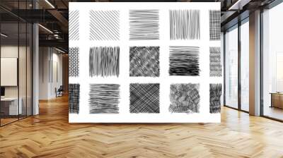 Line crosshatch patterns range from simple to complex, offering a variety of textures and artistic styles. Vector set of monochrome hand drawn abstract backgrounds. Cross hatch pencil doodle shading Wall mural