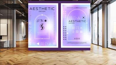 Modern aesthetic gradient y2k posters, abstract blur background with vector line frames and trendy minimalist symbols. Blue pastel gradient web banner, social media post or cover templates Wall mural