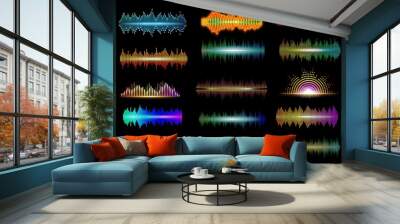 Neon sound waves of music digital equalizer vector design of audio technology. Music wave abstract patterns of audio spectrum with bright light bars of beat pulse and volume lines, musical waveforms Wall mural