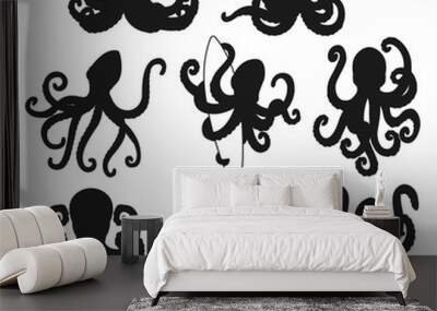 Octopus with curved tentacles vectorblack silhouettes. Marine animals with arms and suckers holding surfboard, underwater wildlife Wall mural