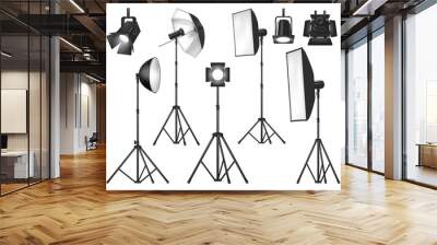 Photo studio lighting equipment and lights isolated vector objects. Realistic 3d spotlights and tripod stands with flash lamp, reflector and softbox, umbrella and floodlight, photographer lighting kit Wall mural