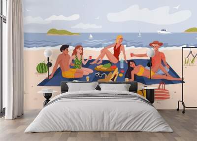 Picnic on summer beach, sea and people on vacations with food, flat vector. Friends couple at ocean beach on sand, happy man and woman at seaside or lake beach with picnic lunch and drinks Wall mural