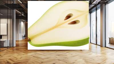 Raw realistic green pear, ripe fruit in half cut with seeds, isolated vector 3D. Fresh green pear fruit cut in half section for natural juice or fruity jam package and organic food product Wall mural