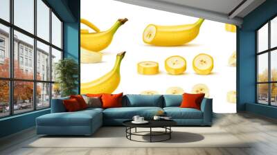 Realistic banana fruit. Whole, half and cut slices 3d vector set. Exotic tropical fruits reveals creamy, soft flesh and vibrant yellow peel. Vegan food, healthy vitamin, peeled and unpeeled circles Wall mural