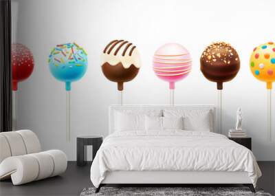 Realistic cake pops, vector chocolate dessert food in shape of lollipop candy. Isolated 3d chocolate cake balls on lollipop sticks with sweet sugar sprinkles, colorful glaze, nuts, icing and caramel Wall mural