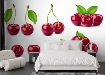 Realistic isolated ripe raw cherry berries, vector fresh fruit food. 3d sour or sweet red cherries bunches with green leaves and stems, garden juicy fruits for cocktail, pie, jam or dessert ingredient Wall mural