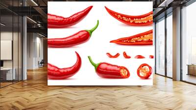 Realistic raw isolated whole and half chili pepper, slice and ring of hot vegetable spice, vector food seasoning. 3d ripe chili, cayenne or jalapeno peppers, mexican cuisine vegetable with seeds Wall mural