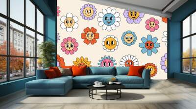 Retro hippie groovy daisy sunflower flowers characters set. Isolated vector cute happy chamomile bloom with vibrant joyous smile, floral reminiscent of the 70s, spreading joy with cheerful presence Wall mural