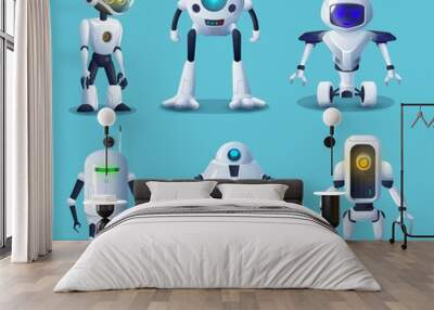 Robot and android bot vector characters of artificial intelligence technologies. Cartoon white cyborgs and droids with robotic arms, manipulators, legs and wheels, modern robot helpers design Wall mural