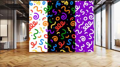 Squiggle line pattern of abstract doodle and scribble color shapes, vector backgrounds. Squiggle line seamless patterns with freehand scribble art of artistic curve lines, swirls and wavy confetti Wall mural