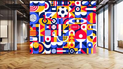 Summer sports Bauhaus modern geometric pattern. Vector tile with vibrant shapes and bold colors infuse energy to athletic design with sports equipment. Fusing art with movement for dynamic experience Wall mural