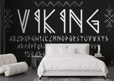 Viking font, nordic rune type, ethnic scandinavian typeface, norse epic alphabet. Vector white latin abc uppercase and lowercase letters, numbers and punctuation marks inspired by nordic runes script Wall mural