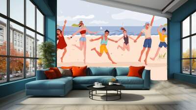 Young people company jumping on beach, happy friends on sea vacations, vector background. Family friends on summer holiday jumping at beach, young boys and girls having fun at seaside on travel Wall mural