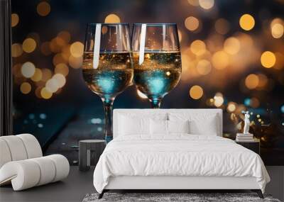 Two glasses of champagne with confetti, glitter, serpentine and lights. Night celebration concept. ai generative Wall mural