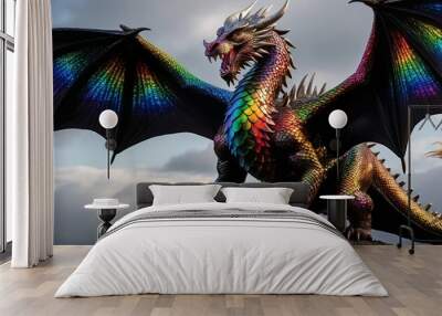 realistic digital glistening technicolour dragon with rainbow hues against a stark black background. illusion chinese dragon statue dragon on the wall Wall mural