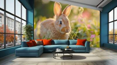 A baby rabbit hiding in the grass, morning light Wall mural