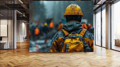 A construction site with workers adhering to safety protocols Wall mural