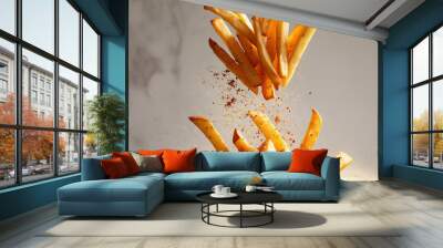 A dynamic image capturing the moment french fries are seasoned, creating a tantalizing display of food. Wall mural