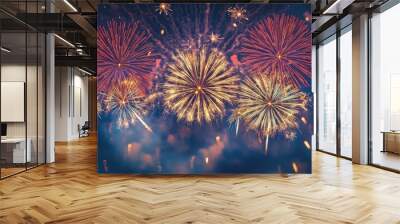 A festive fireworks in the night sky New Year Wall mural