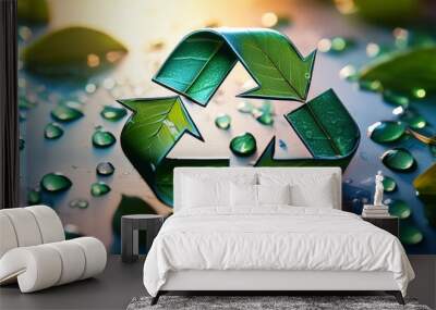 A green recycling symbol stands in the earth with new growth Wall mural