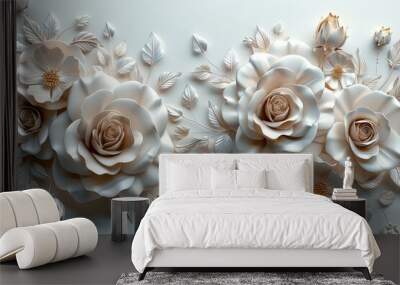 A modern 3D Champagne monochrome floral design with abstract roses, bordered neatly with ample copy space for a stylish background Wall mural