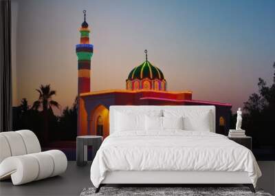 A mosque illuminated with colorful lights for Ramadan night prayers Wall mural