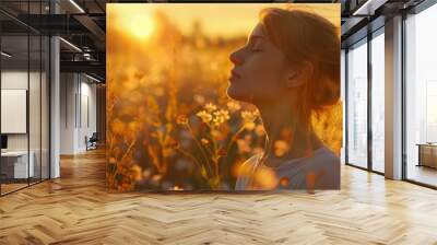 A person breathing deeply in a serene meadow Wall mural