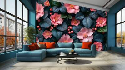 A sophisticated floral wallpaper with a black background, showcasing an elegant bunch of leaves and flowers, offering ample copy space Wall mural