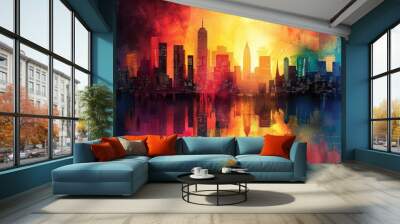 Abstract cityscape silhouette with vibrant colors and dynamic patterns Wall mural