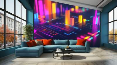 Abstract depiction of financial graphs and charts in neon colors Wall mural