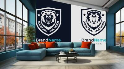 Aggressive bear head logo in a monochrome shield design. Great for bold branding and sports logos Wall mural