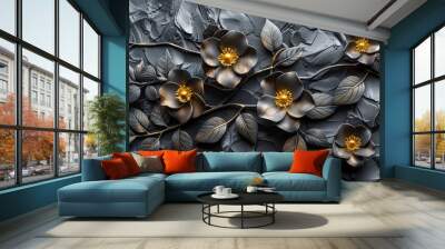 An elegant 3D floral wallpaper with a bunch of leaves and flowers on a black background, offering ample copy space for text Wall mural