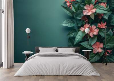 An elegant floral wallpaper with a black background, showcasing a bunch of leaves and flowers Wall mural