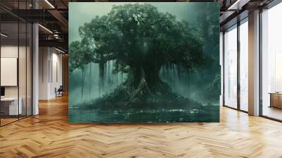 Ancient bonsai tree with aerial roots in a mystical jungle background Wall mural